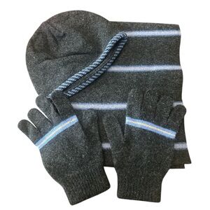 Drake’s Ben Silver Scarf Hat Glove Set Lambs Wool Dark Gray Blue Stripe